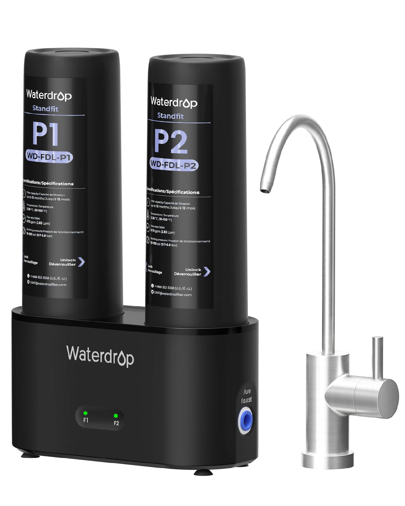 Waterdrop - DLG-P Under Sink Water Filter System, 2-Outlet Filter - Black