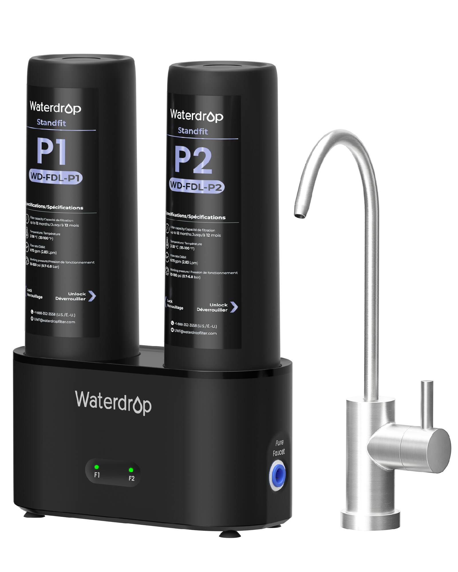 Waterdrop Standfit P1 WD-FDL-P1  
Specifications:  
- Filter Capacity: 12 months (365 days)  
- Maximum Temperature: 104°F (40°C)  
- Pressure: 100 psi (6.89 bar)  
- Dimensions: 5.91 in x 5.91 in x 10.24 in (15 cm x 15 cm x 26 cm)  
- Weight: 1.76 lb (0.8 kg)  

Waterdrop Standfit P2 WD-FDL-P2  
Specifications:  
- Filter Capacity: 12 months (365 days)  
- Maximum Temperature: 104°F (40°C)  
- Pressure: 100 psi (6.89 bar)  
- Dimensions: 5.91 in x 5.91 in x 10.24 in (15 cm x 15 cm x 26 cm)  
- Weight: 1.76 lb (0.8 kg)  

Unlock/Verrouiller: 1-888-353-3558 (