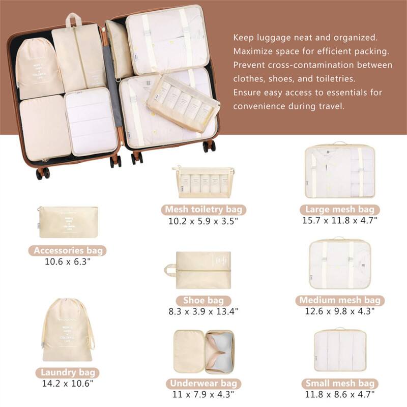Keep luggage neat and organized.  
Maximize space for efficient packing.  
Prevent cross-contamination between clothes, shoes, and toiletries.  
Ensure easy access to essentials for convenience during travel.

- Mesh toiletry bag: 10.2 x 5.9 x 3.5"
- Large mesh bag: 15.7 x 11.8 x 4.7"
- Accessories bag: 10.6 x 6.3"
- Shoe bag: 8.3 x 3.9 x 13.4"
- Medium mesh bag: 12.6 x 9.8 x 4.3"
- Laundry bag: 14.2 x 10.6"
- Underwear bag: 11 x 7.9 x 4.3"
- Small mesh bag: 11.8 x 8.6 x 4.7"
