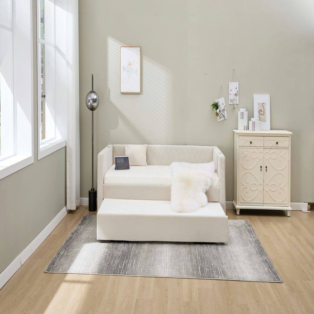 Alt View 9. Kadyn - Velvet Daybed with Sturdy Wood Frame, Modern Diamond Grid Pull-Out Design for Bedroom Living Room - Beige.