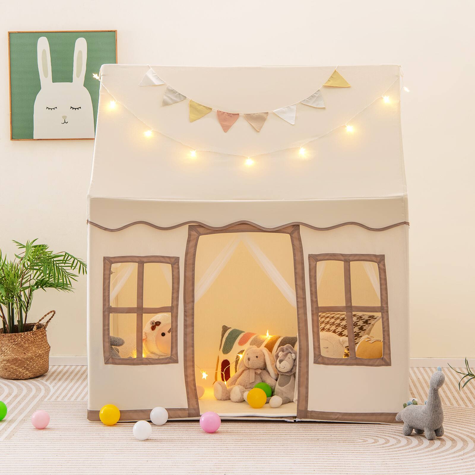 Alt View 1. Costway - Costway Kids Play Castle Tent Large Playhouse Toys Gifts with Star Lights Washable Mat - Beige.