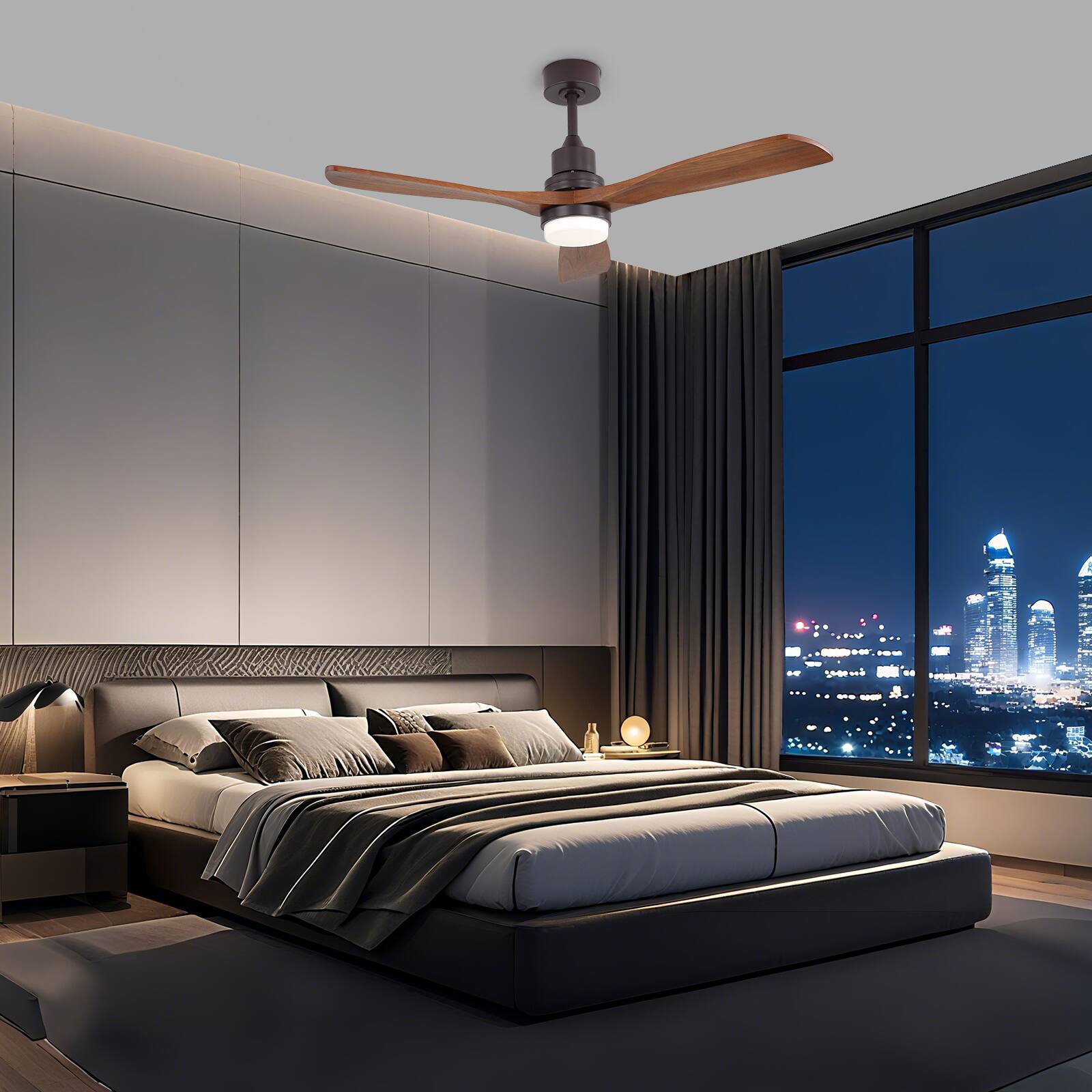 Alt View 2. Sofucor - 52 Inch Ceiling Fan with Lights & Remote Control Modern Solid Wood Outdoor Ceiling Fan for Bedroom Living Room Farmhouse - Coffee-wood.