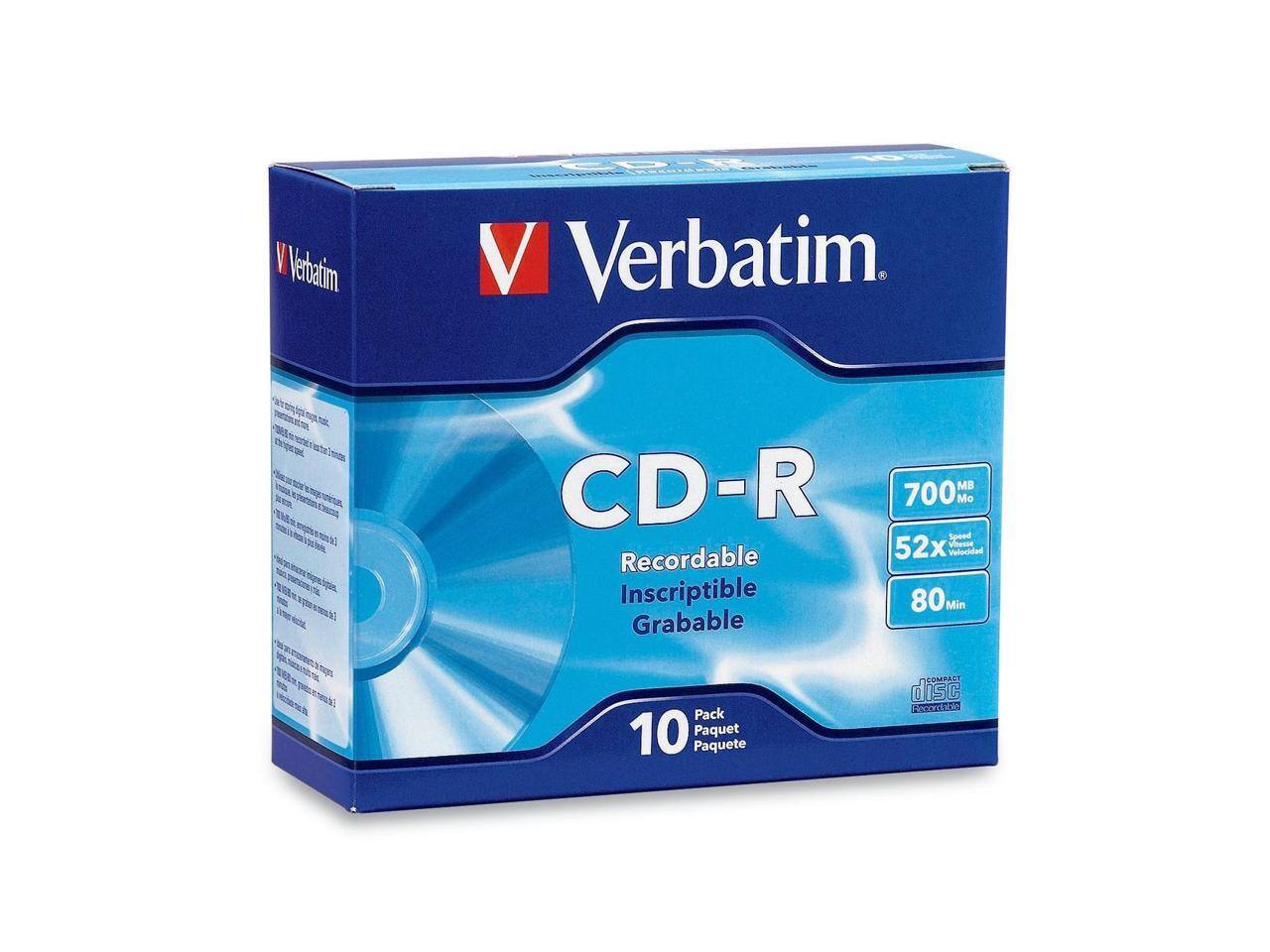 Verbatim CD-R  
700 MB  
52x Speed  
80 Min  
Recordable / Inscriptible / Grabable  
Pack of 10