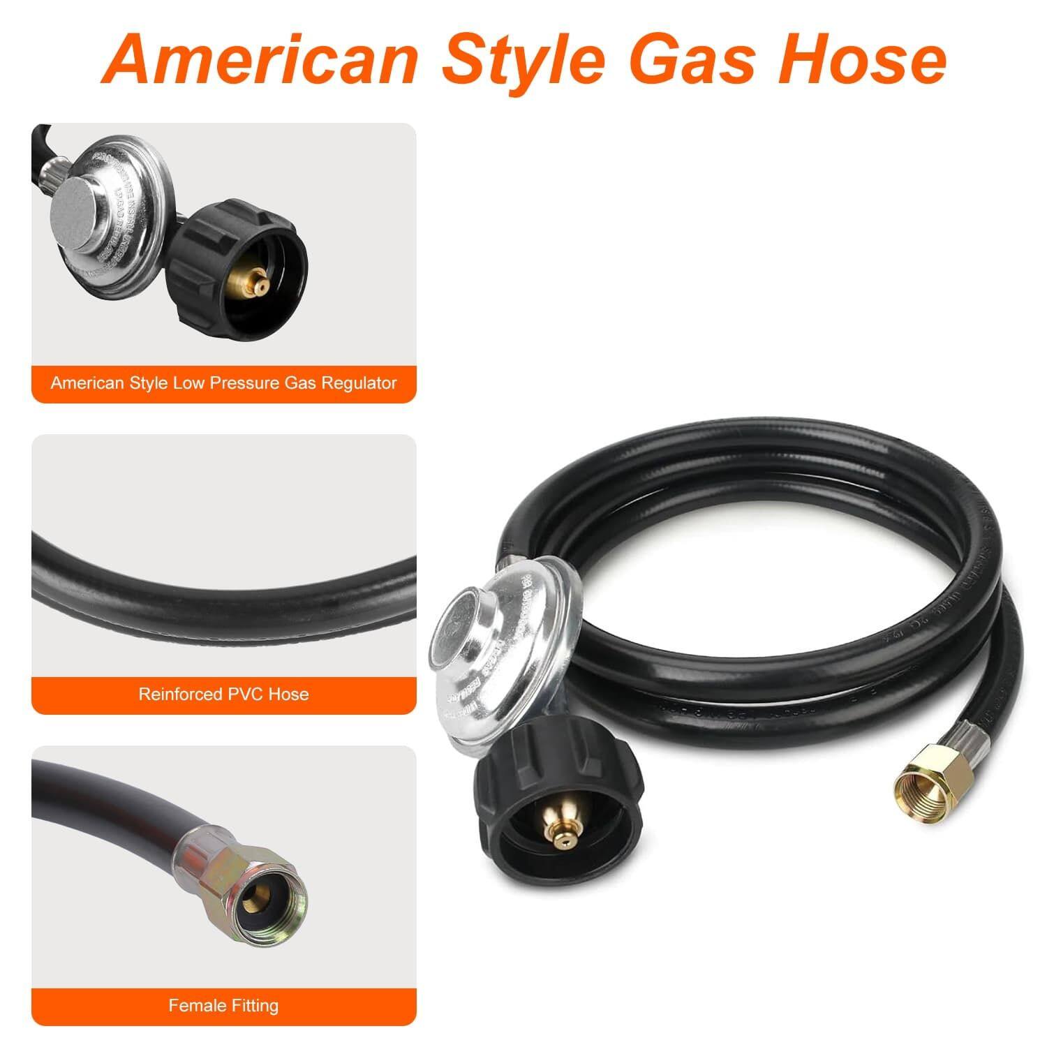 American Style Gas Hose

- American Style Low Pressure Gas Regulator
- Reinforced PVC Hose
- Female Fitting