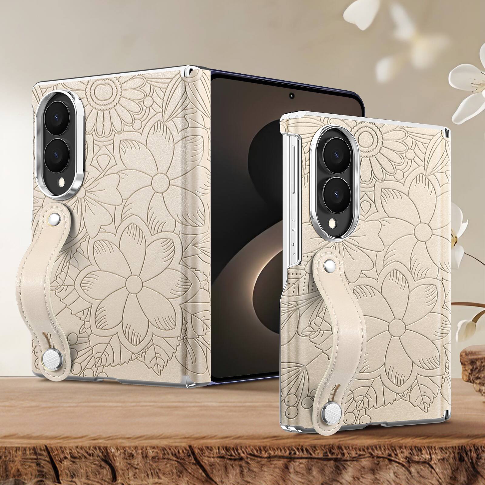 Alt View 3. Dteck - Shockproof Case for Samsung Galaxy Z Fold8 with Wristband, Floral Leather Texture Rigid Plastic Hinge Protective Cover - Apricot.