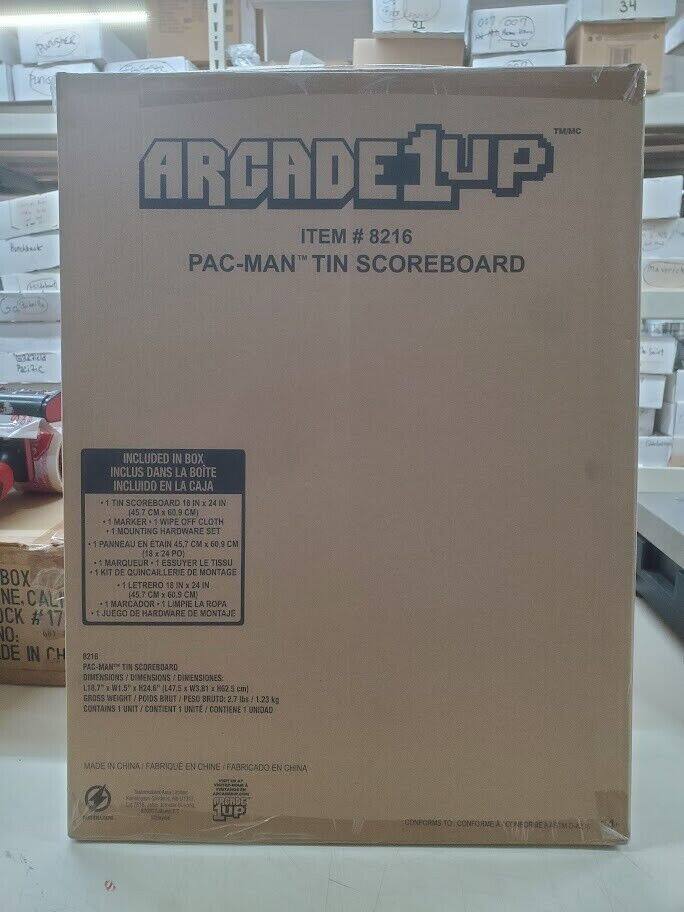 Sure, here is the corrected and grouped text from the image:

---

**ARCADE1UP**  
**ITEM # 8216**  
**PAC-MAN™ TIN SCOREBOARD**

**INCLUDED IN BOX**  
**INCLUS DANS LA BOITE**  
**INCLUIDO EN LA CAJA**

- 1 TIN SCOREBOARD 18" x 24" (45.7 CM x 60.9 CM)  
- 1 MARKER WIPE OFF CLOTH  
- 1 MOUNTING HARDWARE SET  

**PANNEAU EN ÉTAIN 45,7 CM x 60,9 CM**  
**MARQUEUR ESSUYER LE TISSU**  
**KIT DE QUINCAILLERIE DE MONTAGE**  

**BOX LETTERING**  
**LETTERO 18" x 24"**  
**MARCADOR LIMPIE LA ROPA**  
**CK JUEGO DE HARDWARE DE MONTAJE**  

**DIMENSIONS**  
**DIMENSIONS**  
**DIMENSIONES**  
L18.7" W1.5" H24.6