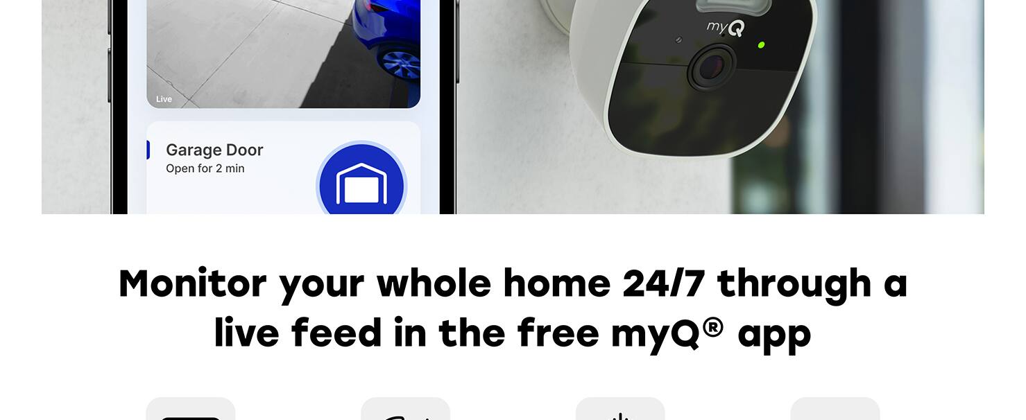 Monitor your whole home 24/7 through a live feed in the free myQ® app. myQ my Live Garage Door Open for 2 min.