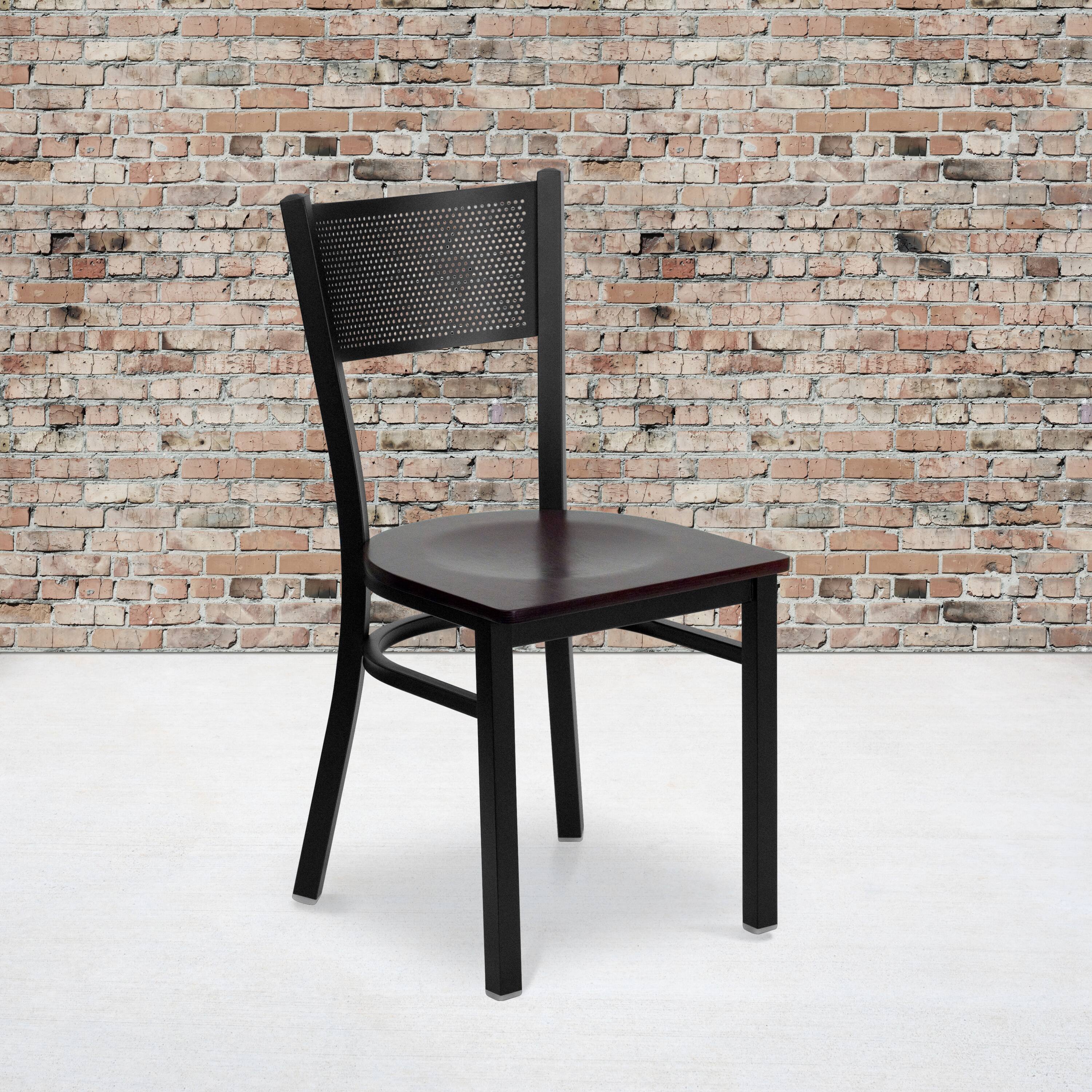 Alt View 1. Emma + Oliver - Grid Back Metal Restaurant Dining Chair - Mahogany Wood Seat/Black Metal Frame.