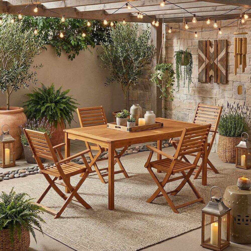Alt View 2. Outdoor Escape - Oil-Finish Wooden Patio Set with Dining Table and 4 Chairs - Brown.