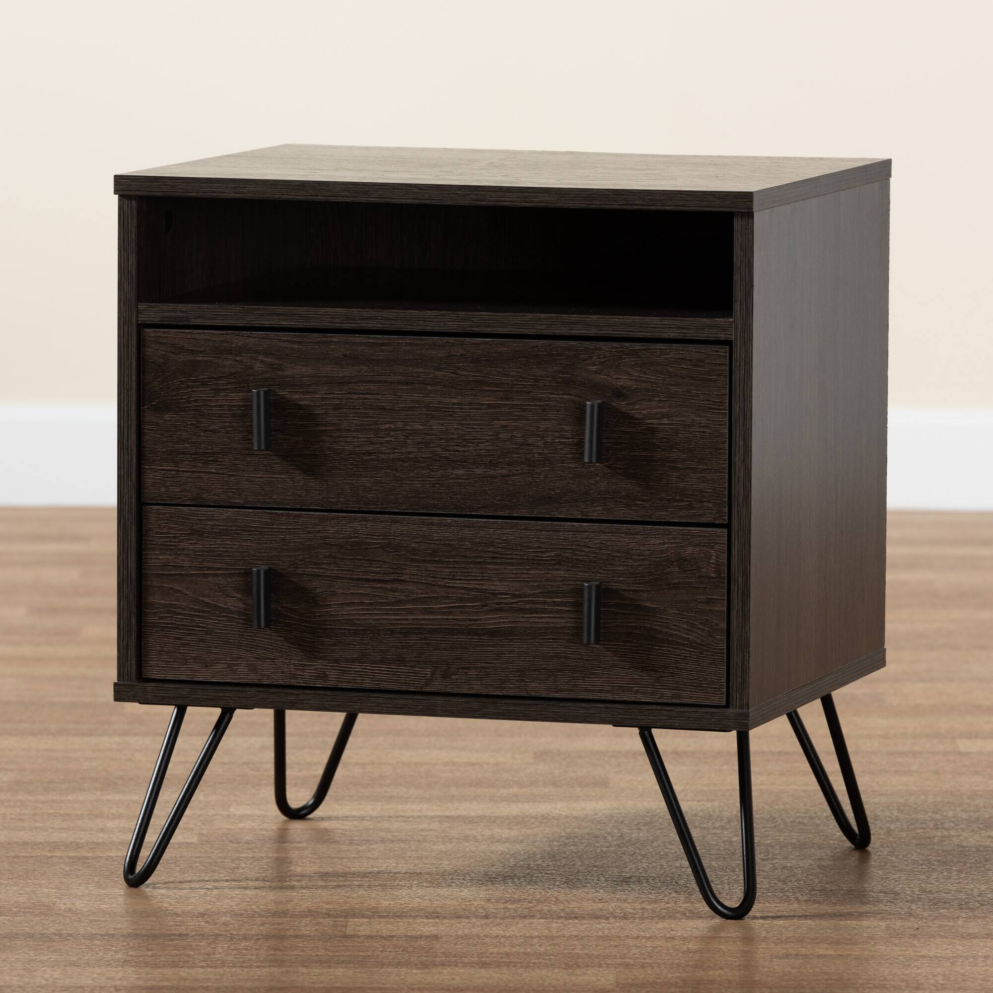 Alt View 5. Baxton Studio - Glover Modern and Contemporary Dark Brown Finished Wood and Metal 2-Drawer Nightstand - Dark Brown/Black.