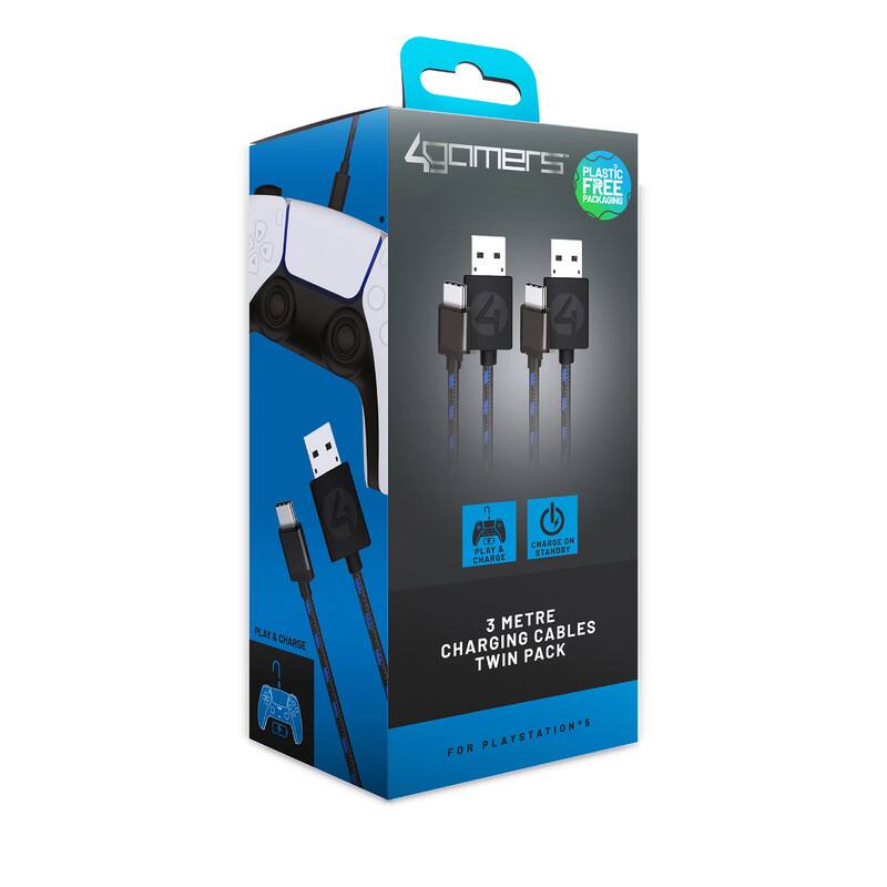 4Gamers  
PLASTIC FREE PACKAGING  

PLAY & CHARGE  
CHARGE ON STANDBY  

3 METRE CABLES  
CHARGING PACK  
TWIN PACK  

FOR PLAYSTATION®5