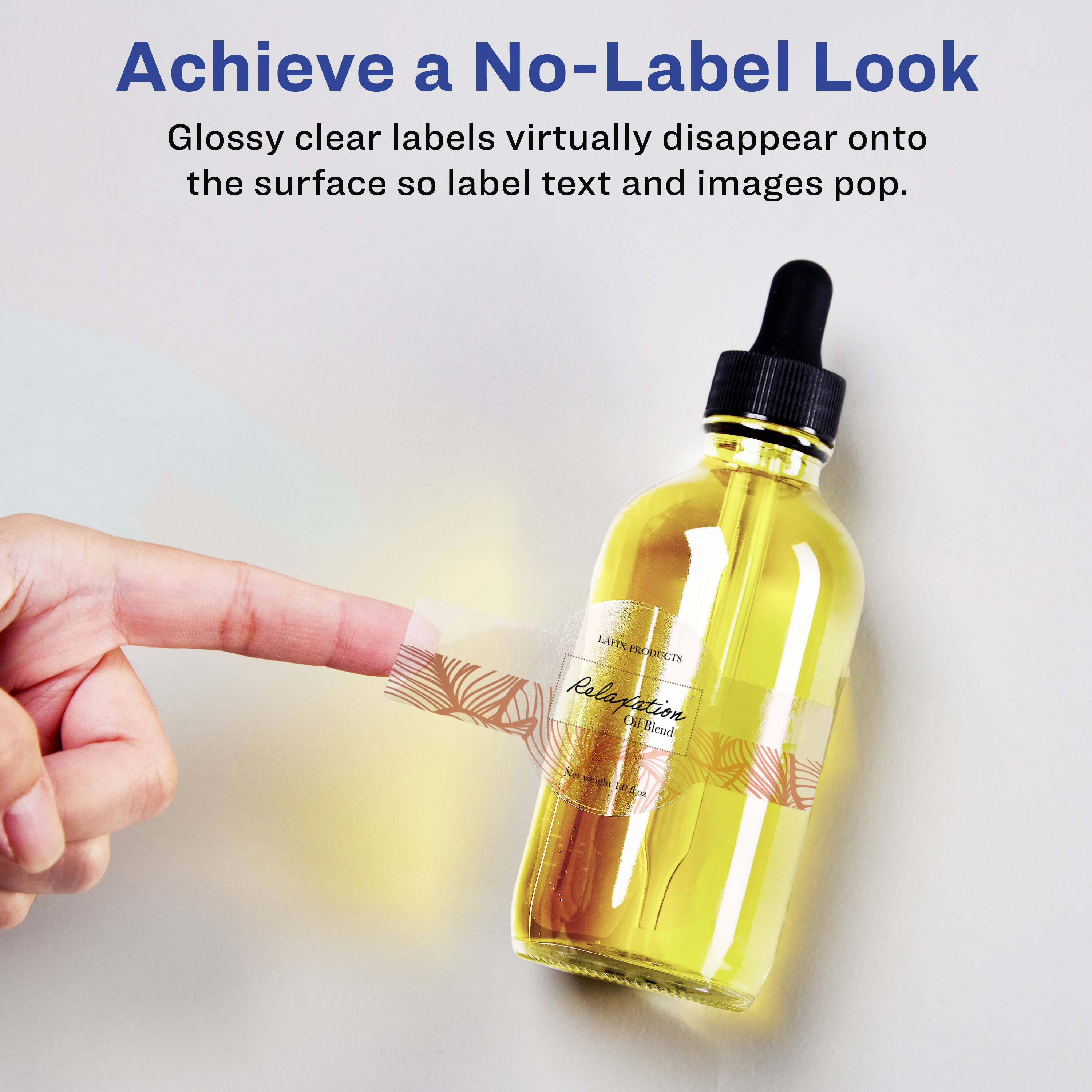 Achieve a No-Label Look  
Glossy clear labels virtually disappear onto the surface so label text and images pop.

LAITX PRODUCTS  
Relaxation Oil Blend  
Net weight 1 fl oz (30 ml)