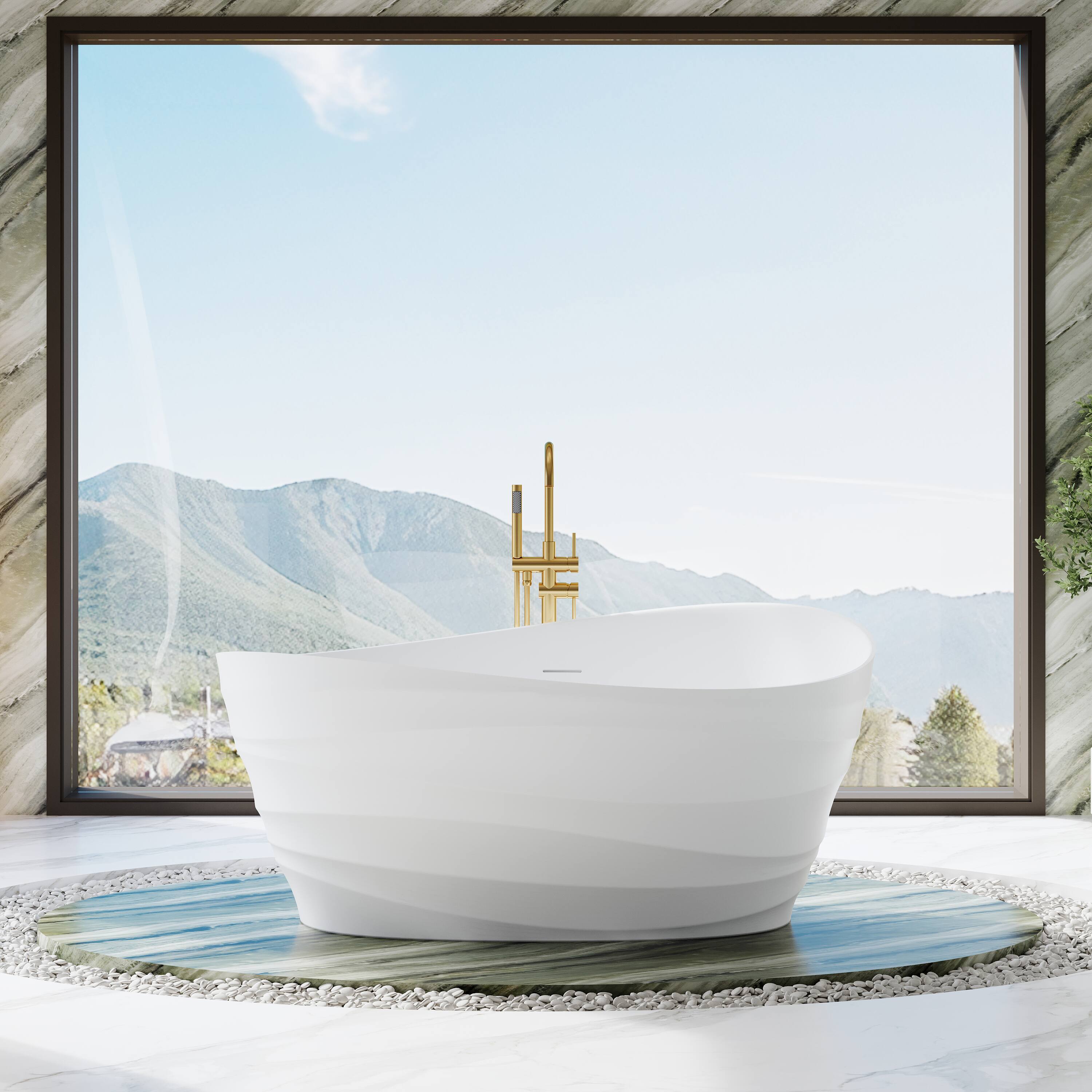 Front. WELLFOR - CIRA 62.2 in x 34.65 in Matte White Solid Surface Oval Freestanding Soaking Bathtub with Drain ( Center Drain ) - White.