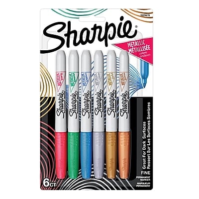 Sharpie METALLIC  
METALLISÉE  
6 CT  
Fine Point  
Permanent Marker  
Great for Dark Surfaces  
Sombres Surfaces  
6c  
PERMANENT MARKER  
METALLIC  
Sharpie