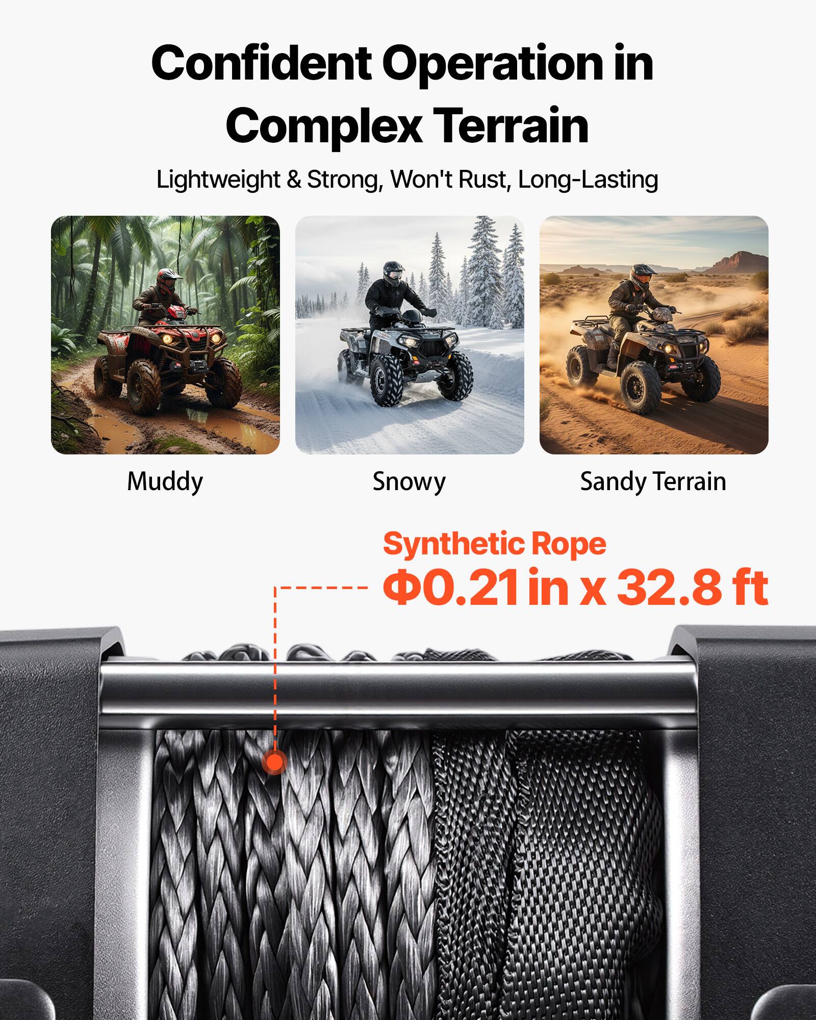 Confident Operation in Complex Terrain  
Lightweight & Strong, Won't Rust, Long-Lasting  

Muddy  
Snowy  
Sandy Terrain  

Synthetic Rope  
Ø0.21 in x 32.8 ft
