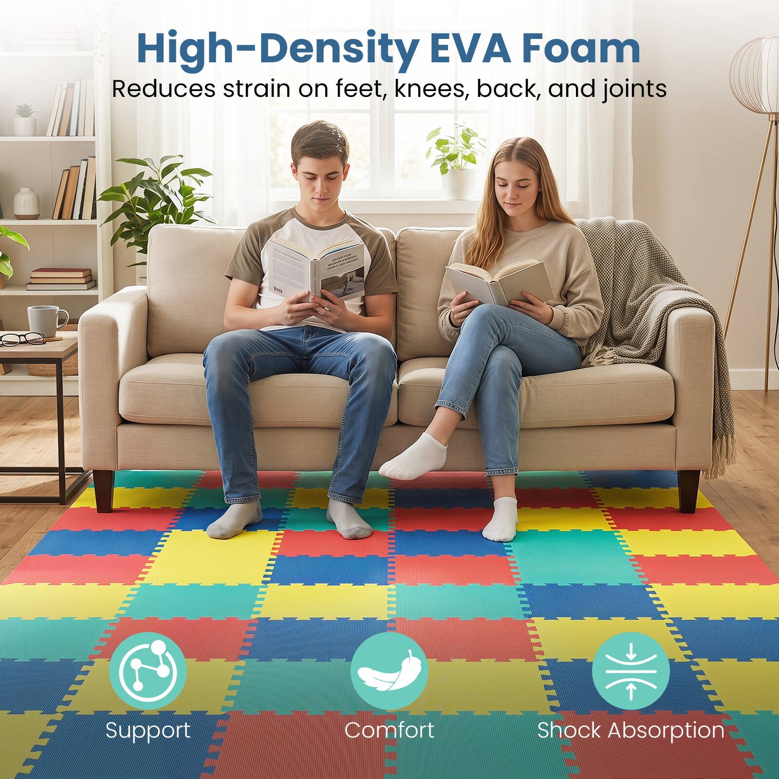 High-Density EVA Foam  
Reduces strain on feet, knees, back, and joints  
Support  
Comfort  
Shock Absorption
