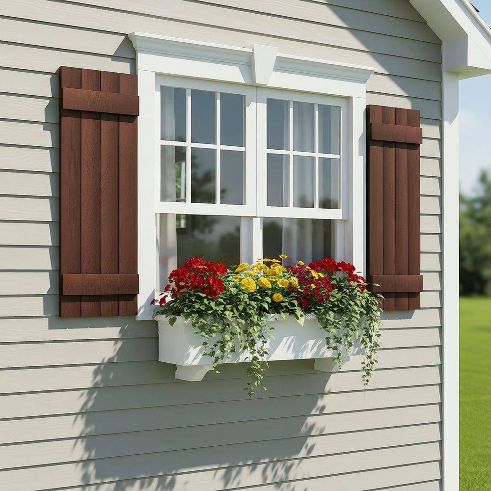 Alt View 2. Kadyn - Classic Board & Batten Faux Shutters with 2 Horizontal Bars for Timeless and Durable Exterior Elegance, 14"x39", Red - Red.