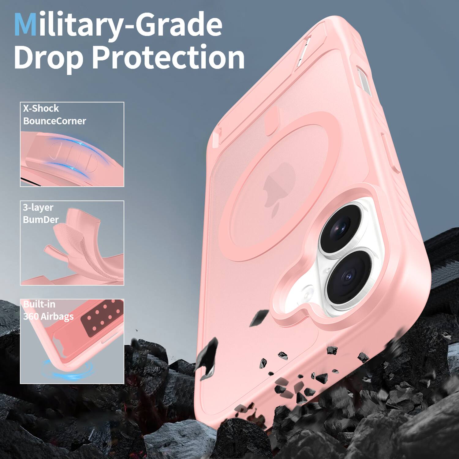 Military-Grade Drop Protection  
X-Shock BounceCorner  
3-layer BumDer  
Built-in 360 Airbags