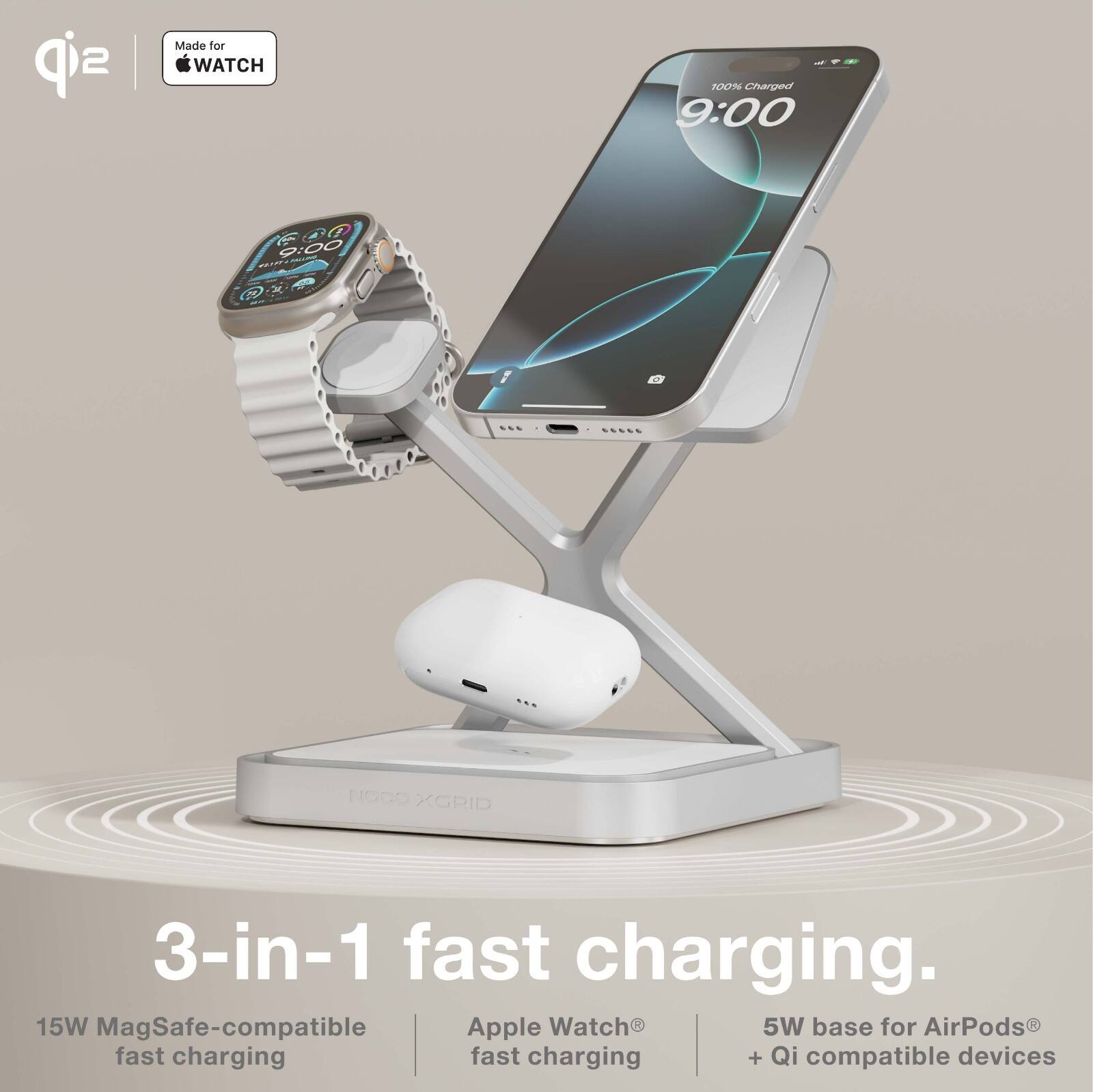 qi Made for WATCH 4.P - 1N Charged 9:00 F00 F 9:00 x OSD NOGO XGPID 3-in-1 fast charging. 15W MagSafe-compatible Apple Watch 5W base for AirPods fast charging + Qi compatible devices