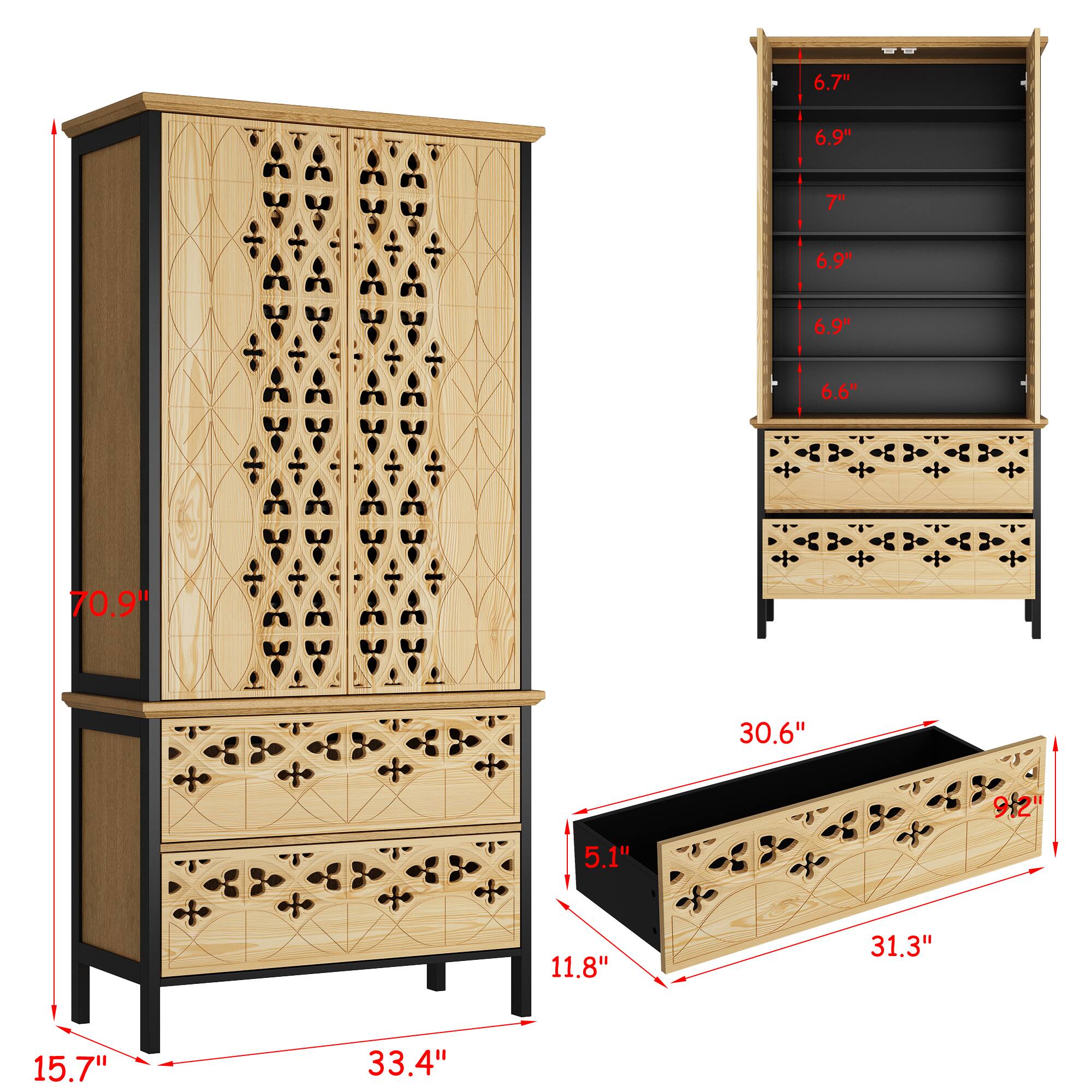 The text on the image is as follows:

- 6.7"
- 6.9"
- 7"
- 6.9"
- 6.9"
- 6.6"
- 70.9"
- 30.6"
- 5.1"
- 9.2"
- 11.8"
- 31.3"
- 15.7"
- 33.4"