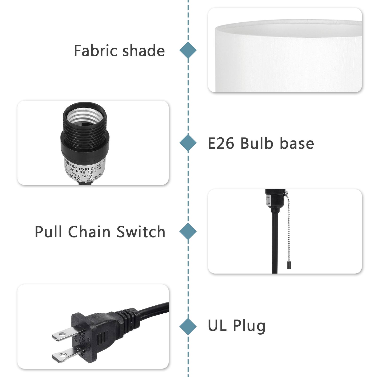 Fabric shade  
E26 Bulb base  
Pull Chain Switch  
UL Plug
