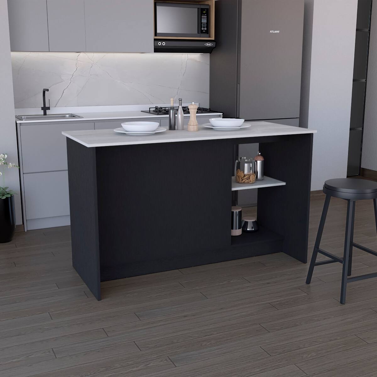Left. Loheer - Loheer Black Kitchen Island with Large Countertop and Storage - Black.
