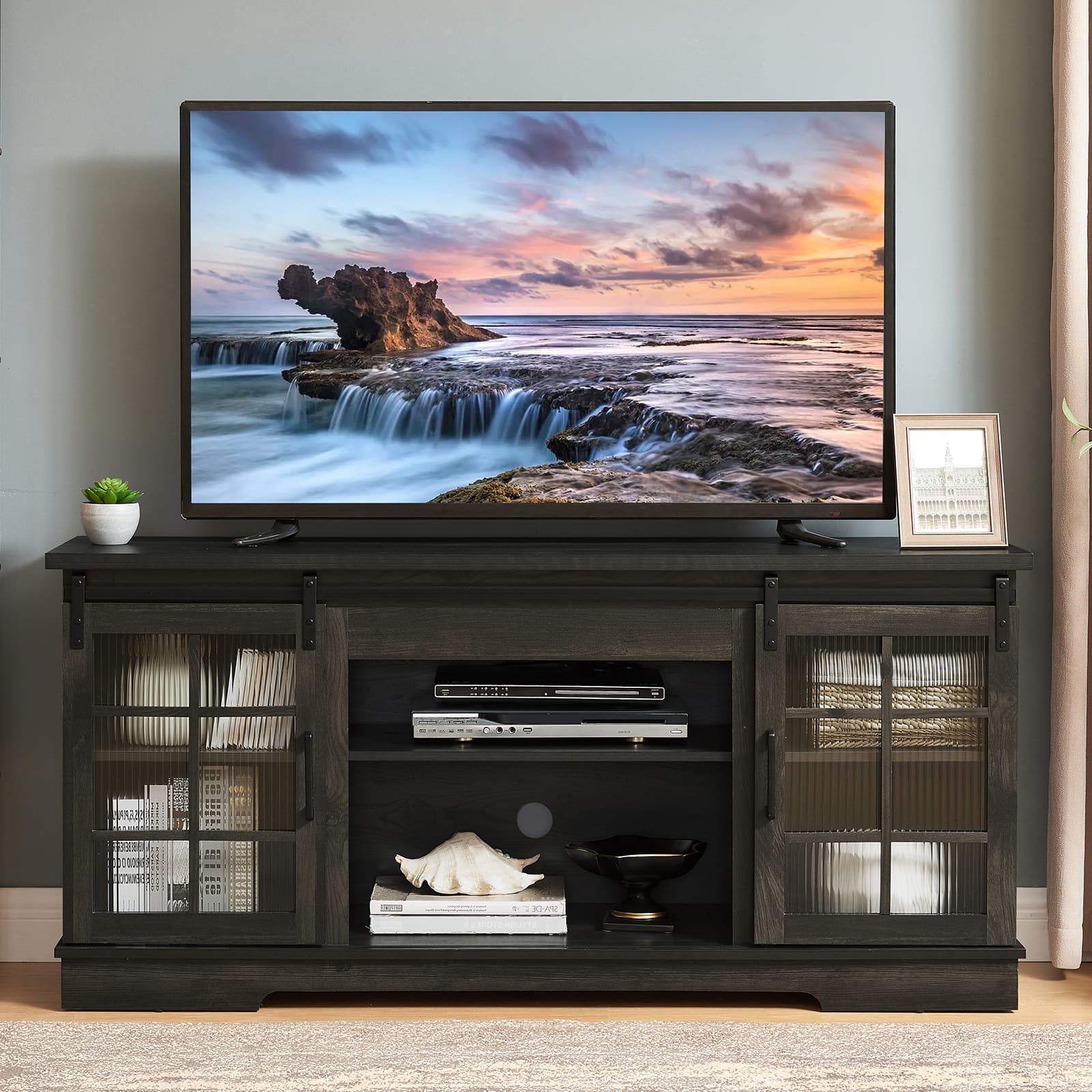 Chateau Abodes - 60" Classic TV Stand Entertainment Console with 2 Sliding Fluted Glass Tempered Doors for TV Up to 65" - Charcoal Grey