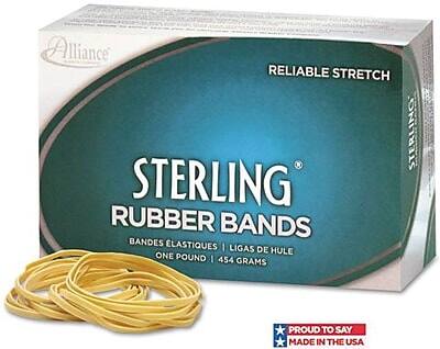 Alliance Sterling Rubber Bands  
Reliable Stretch  
Bands Elastiques | Ligas de Hule  
One Pound | 454 Grams  
Proud to Say Made in the USA