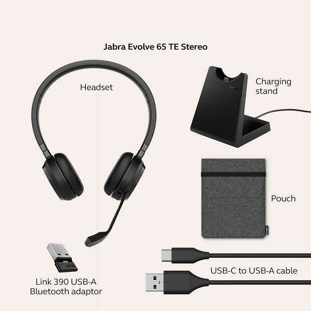 Jabra Evolve 65 TE Stereo Headset  
Jabra Charging stand  
Pouch  
Jabra Link 390 USB-A Bluetooth adaptor  
USB-C to USB-A cable