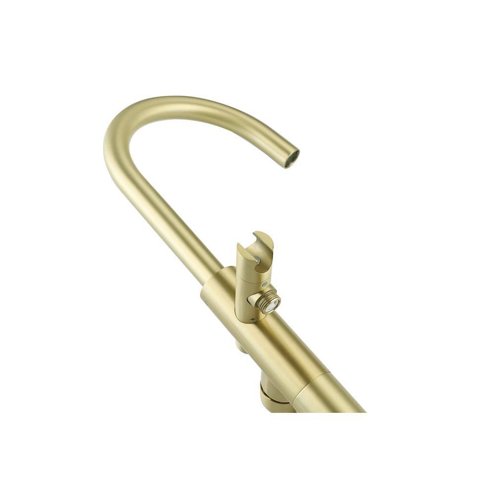 Left. Elegant Kitchen and Bath - Steven Floor Mounted Roman Tub Faucet with Handshower in Brushed Gold - Brushed Gold.