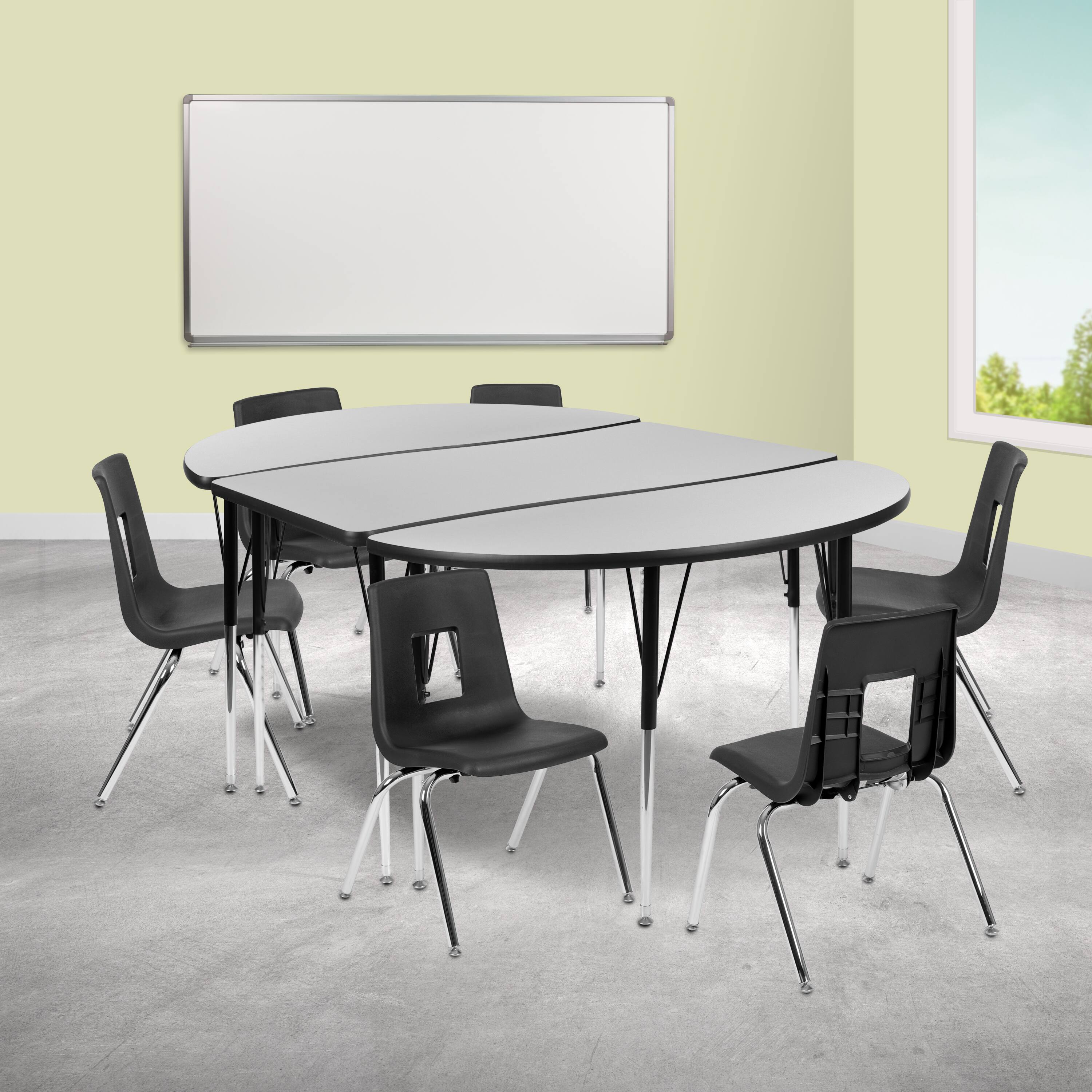 "Emma + Oliver - 76"" Oval Wave Collaborative Laminate Activity Table Set with 16"" Student Stack Chairs, Grey/Black - Gray" price history on PriceWatchPro