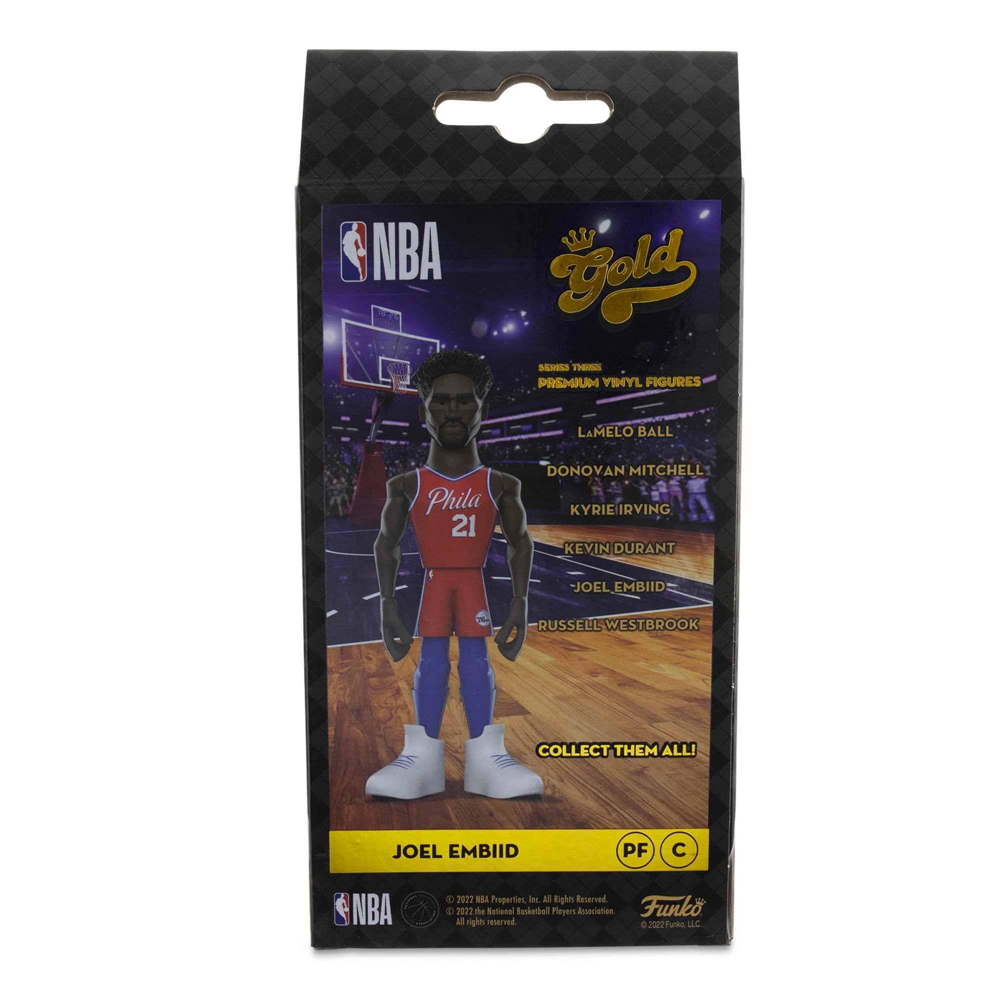 NBA Gold  
Series Three  
Premium Vinyl Figures  

Lamelo Ball  
Donovan Mitchell  
Kyrie Irving  
Kevin Durant  
Joel Embiid  
Russell Westbrook  

Collect Them All!  

Joel Embiid  
PF C  

© 2022 NBA Properties, Inc. All Rights Reserved.  
© 2022 NBA Players Association. All Rights Reserved.  
© 2022 Funko, LLC. All Rights Reserved.
