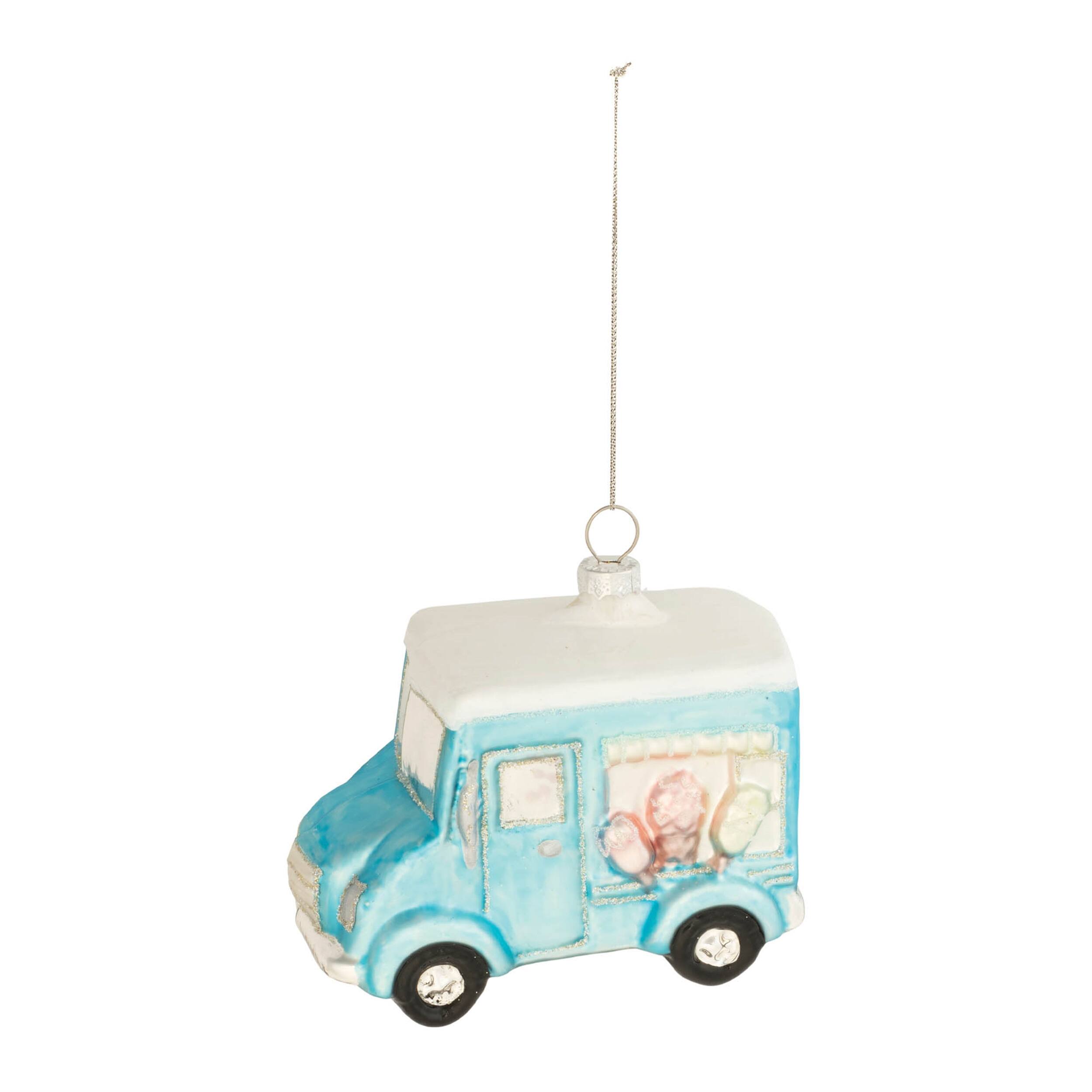 Angle. BreeBe - Glass Ice Cream Truck Ornament (Set of 12) - Blue, Pink.