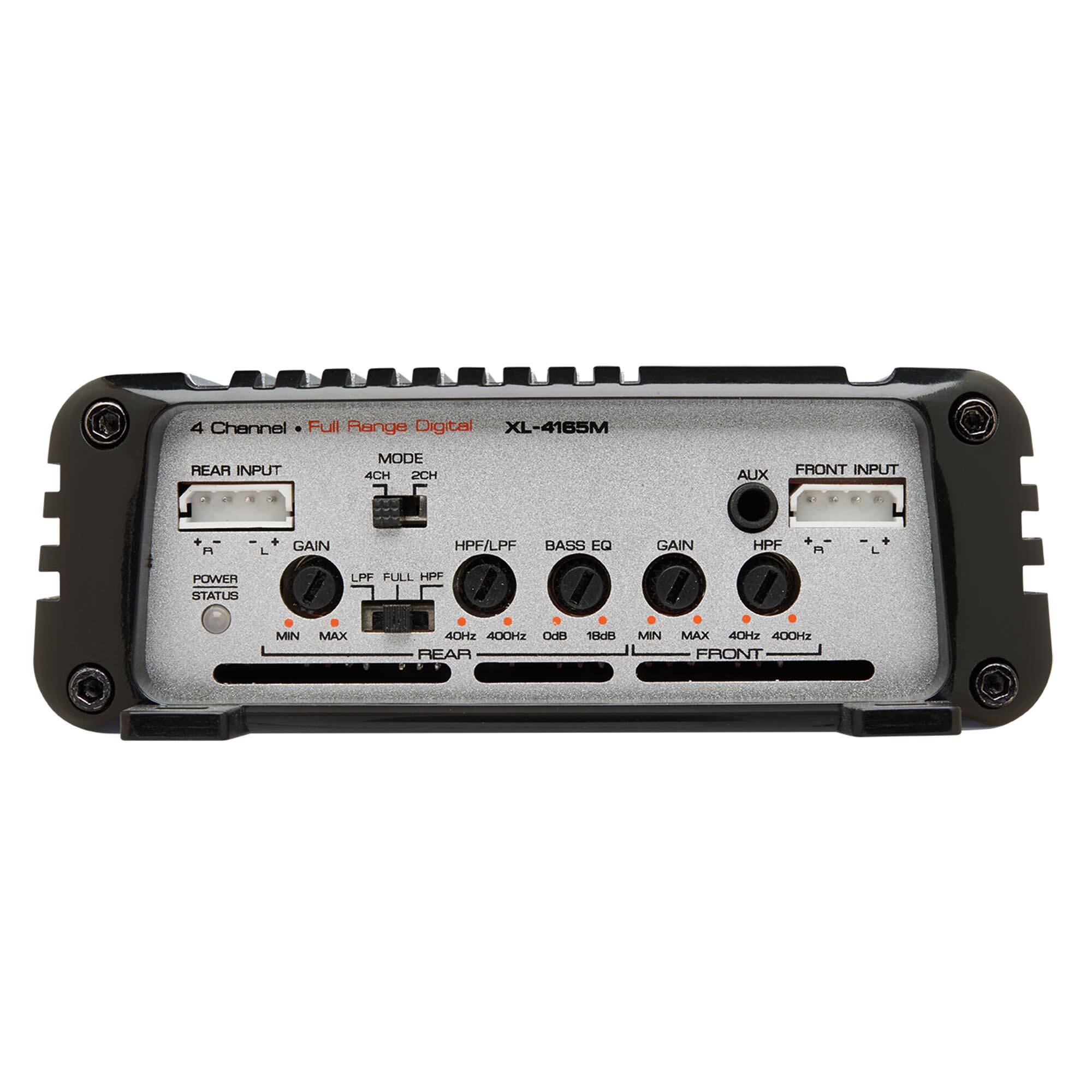 4 Channel Full Range Digital XL-4185M

REAR INPUT
MODE
4CH 2CH

FRONT INPUT
AUX

GAIN
R L

BASS EQ
GAIN

HPF/LPF
R L

LPF FULL HPF
MIN MAX
40Hz 400Hz

POWER STATUS
MIN MAX

REAR
FRONT