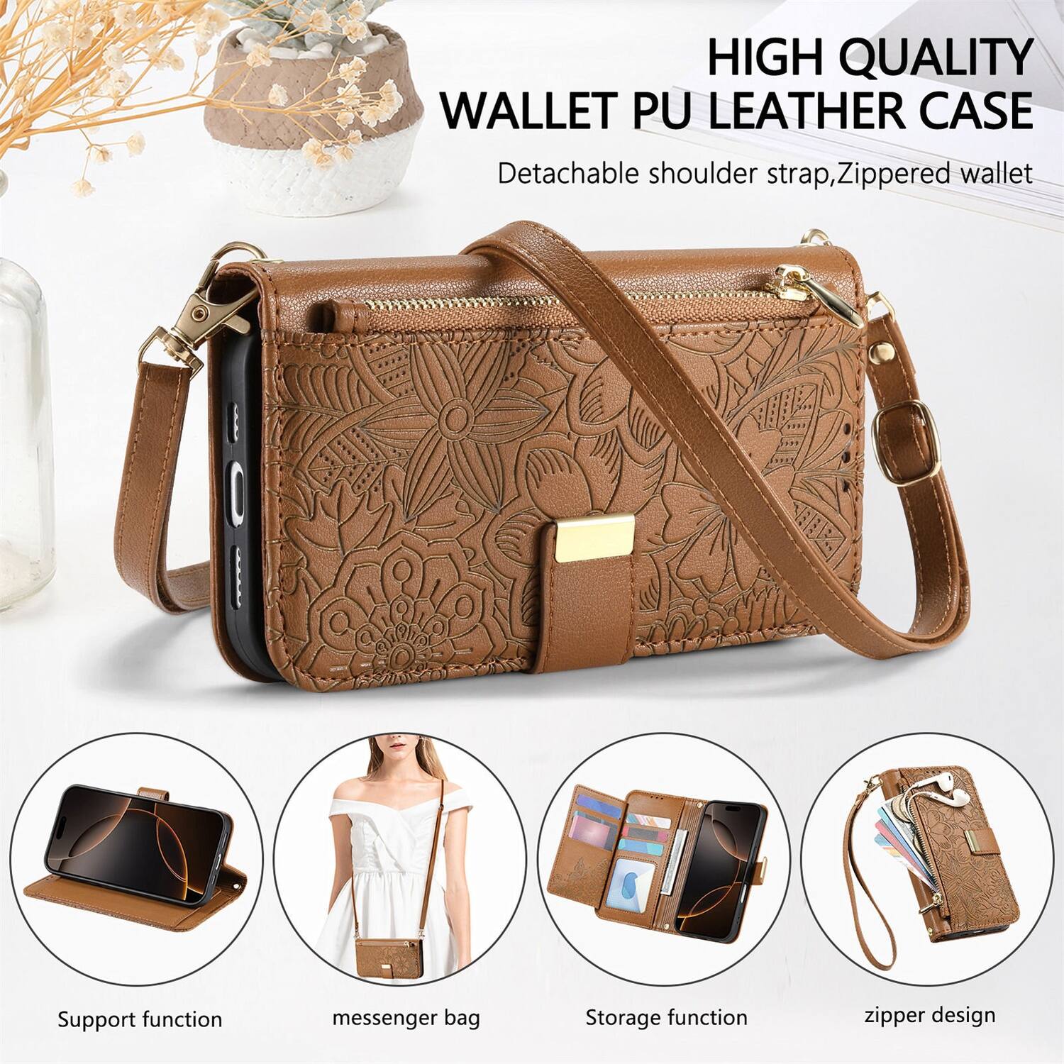 HIGH QUALITY WALLET PU LEATHER CASE  
Detachable shoulder strap, Zippered wallet  
Support function  
messenger bag  
Storage function  
zipper design