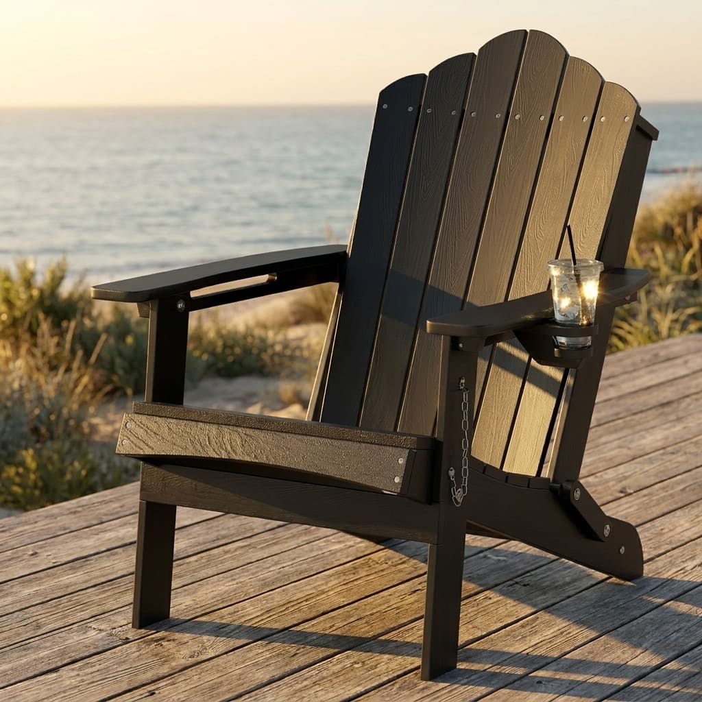 Gymax - Patio Folding Adirondack Chair Weather Resistant Cup Holder Yard - Black