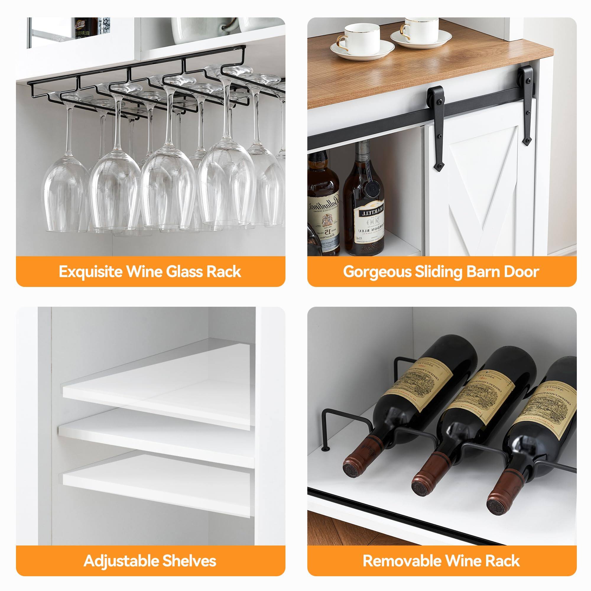 Exquisite Wine Glass Rack

Gorgeous Sliding Barn Door

Adjustable Shelves

Removable Wine Rack