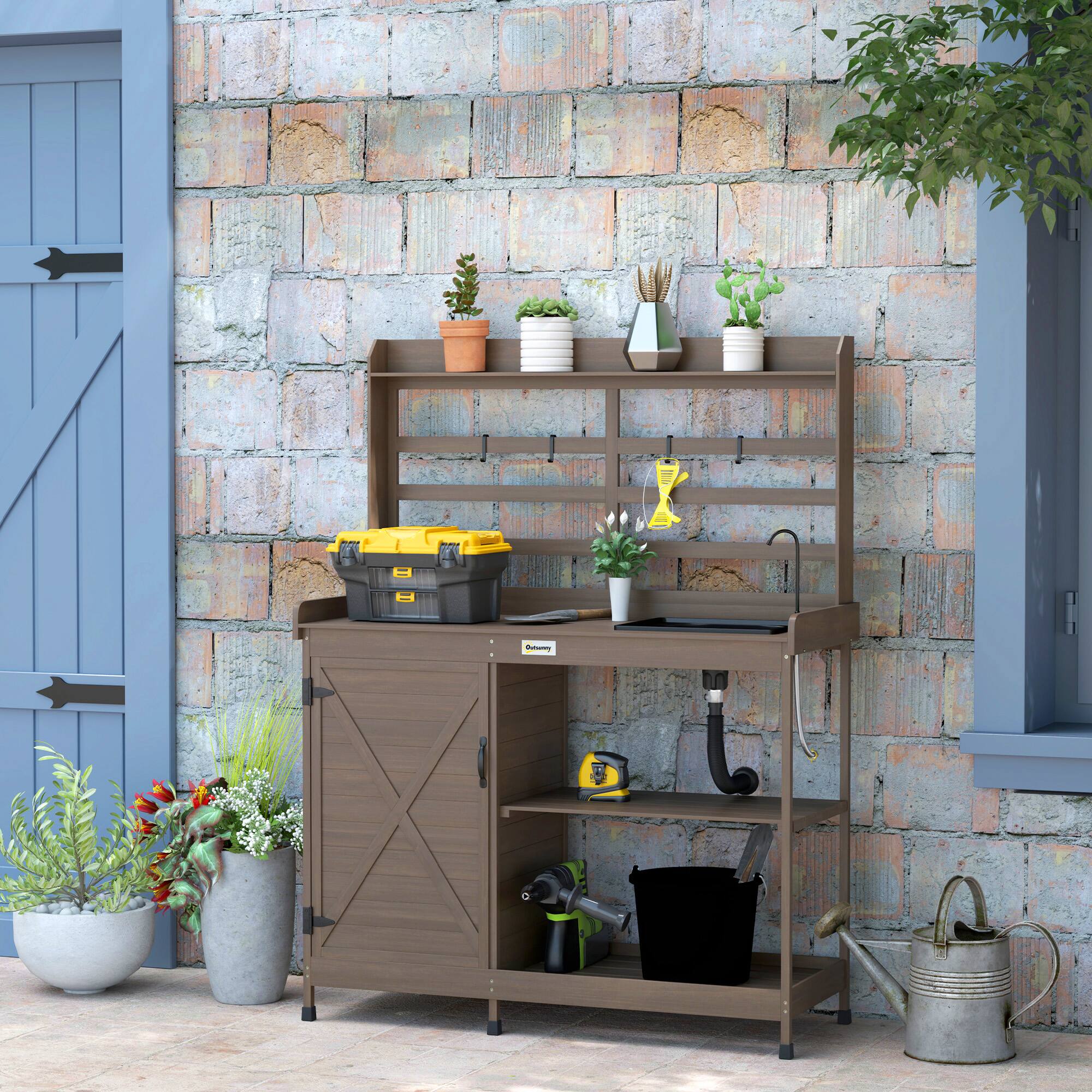 Alt View 1. Outsunny - Potting Bench with Storage, Sink, Water Tap for Backyard, Patio, Balcony - Brown.