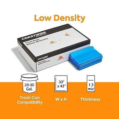 Low Density  
COASTWIDE Trash Bag  
Basura Trash de Bolsos  
Bosuna de Botis  
20-30 Gal.  
30" x 43"  
1.3 mic  
Trash Can Compatibility  
W x H  
Thickness