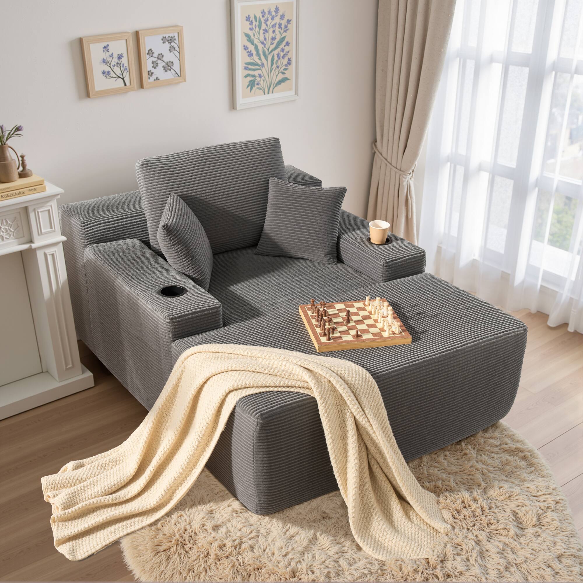 Front. Ovios - 67'' Fluffy Chaise Lounge Chair, Sofa Bed with Cup Holders, Sleeper Couch for Living Room - Grey(Corduroy).