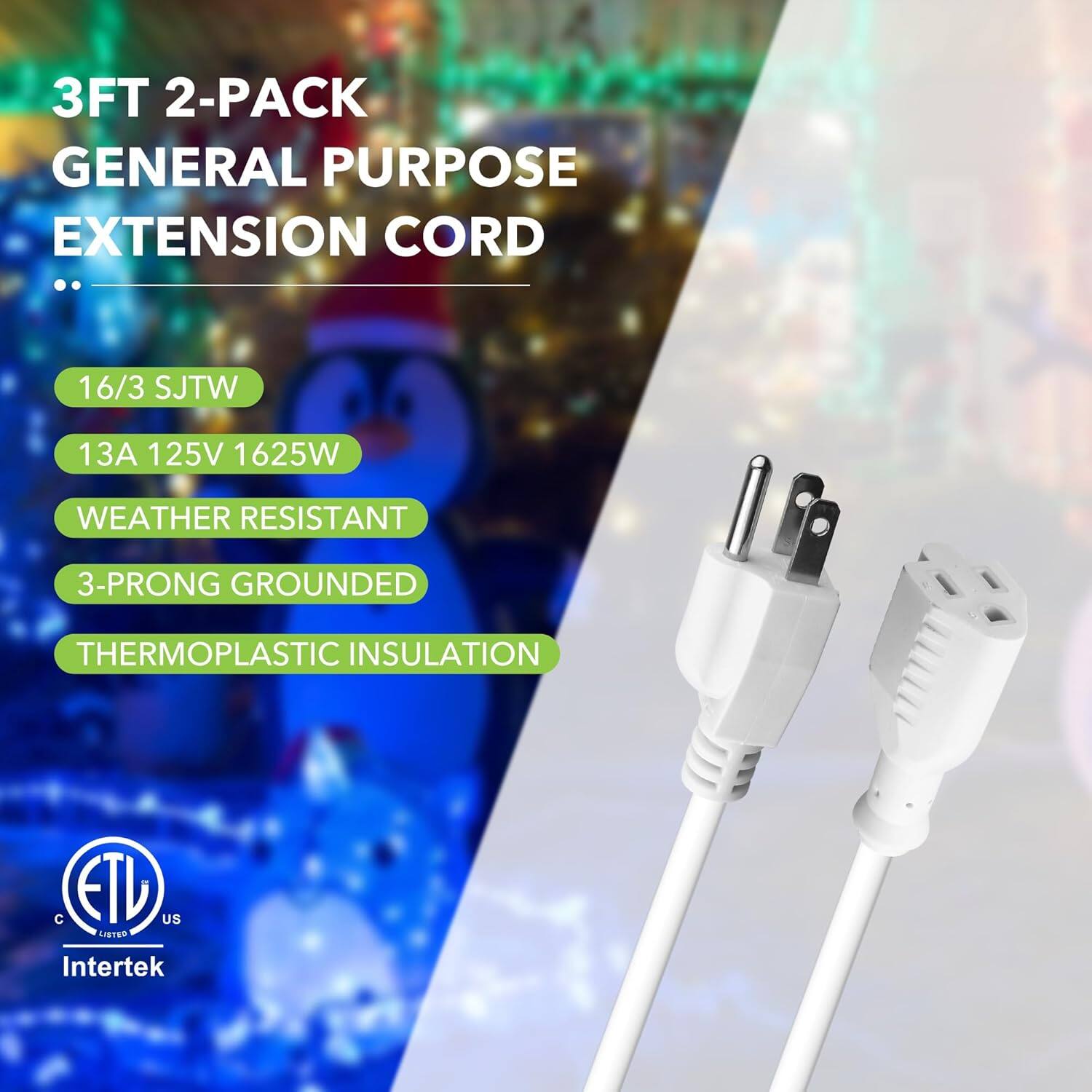 3FT 2-PACK GENERAL PURPOSE EXTENSION CORD

- 16/3 SJTW
- 13A 125V 1625W
- WEATHER RESISTANT
- 3-PRONG GROUNDED
- THERMOPLASTIC INSULATION

C ETL US Intertek