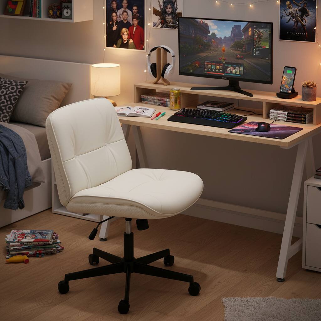 Alt View 6. AOITUN - Criss Cross Leg Chair, Armless Desk, PU Leather Wide Armless Office Chair, Swivel Height Adjustable,No Wheels, White - Beige.