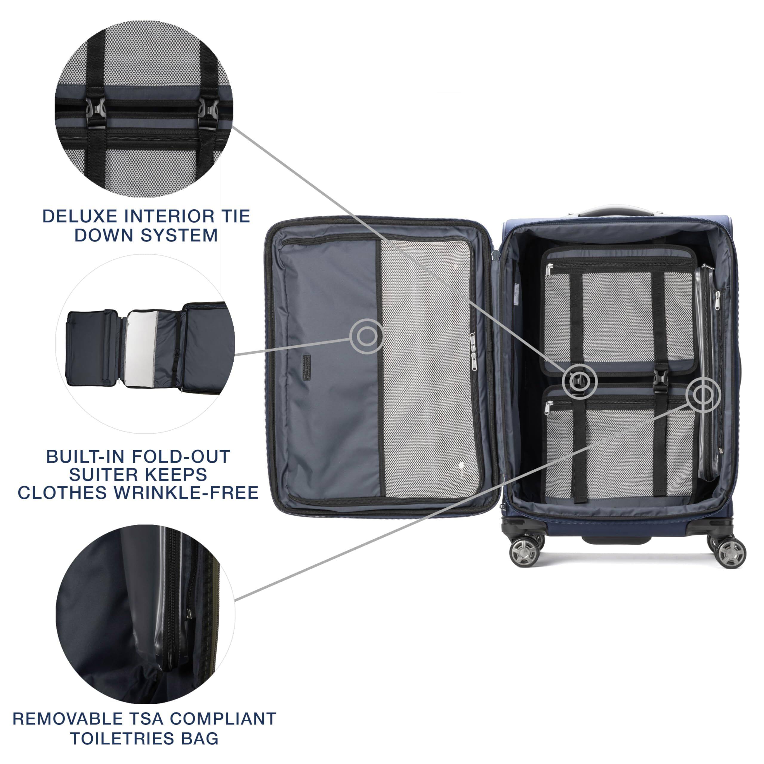 DELUXE INTERIOR TIE DOWN SYSTEM  
BUILT-IN FOLD-OUT SUITER KEEPS CLOTHES WRINKLE-FREE  
REMOVABLE TSA COMPLIANT TOILETRIES BAG