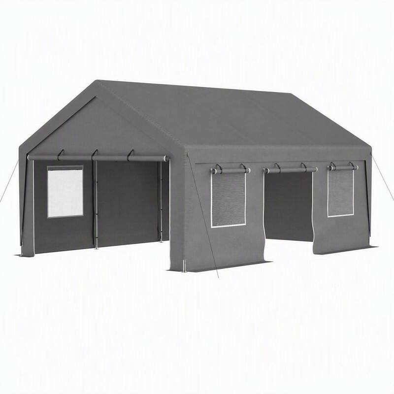 Front. RYHNUYNE - 13x20 ft Canopy Dual Roll-Up Doors Waterproof Shelter Car Boat Patio Party Grey - Silver.