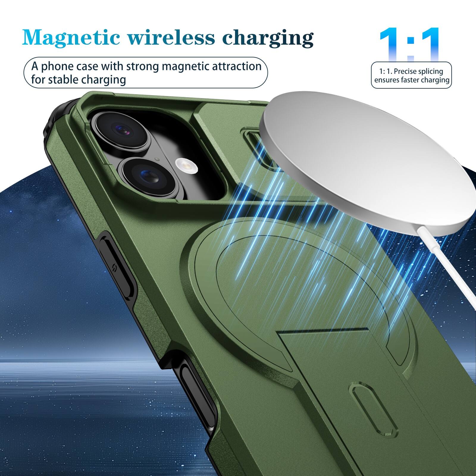 Magnetic wireless charging  
A phone case with strong magnetic attraction for stable charging  

1:1  
1:1. Precise splicing ensures faster charging