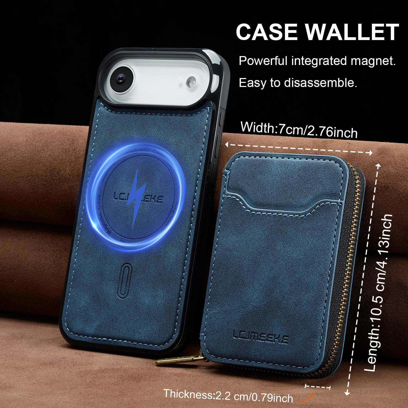 CASE WALLET  
Powerful integrated magnet.  
Easy to disassemble.  

Width: 7cm/2.76inch  
Length: 10.5cm/4.13inch  
Thickness: 2.2cm/0.79inch
