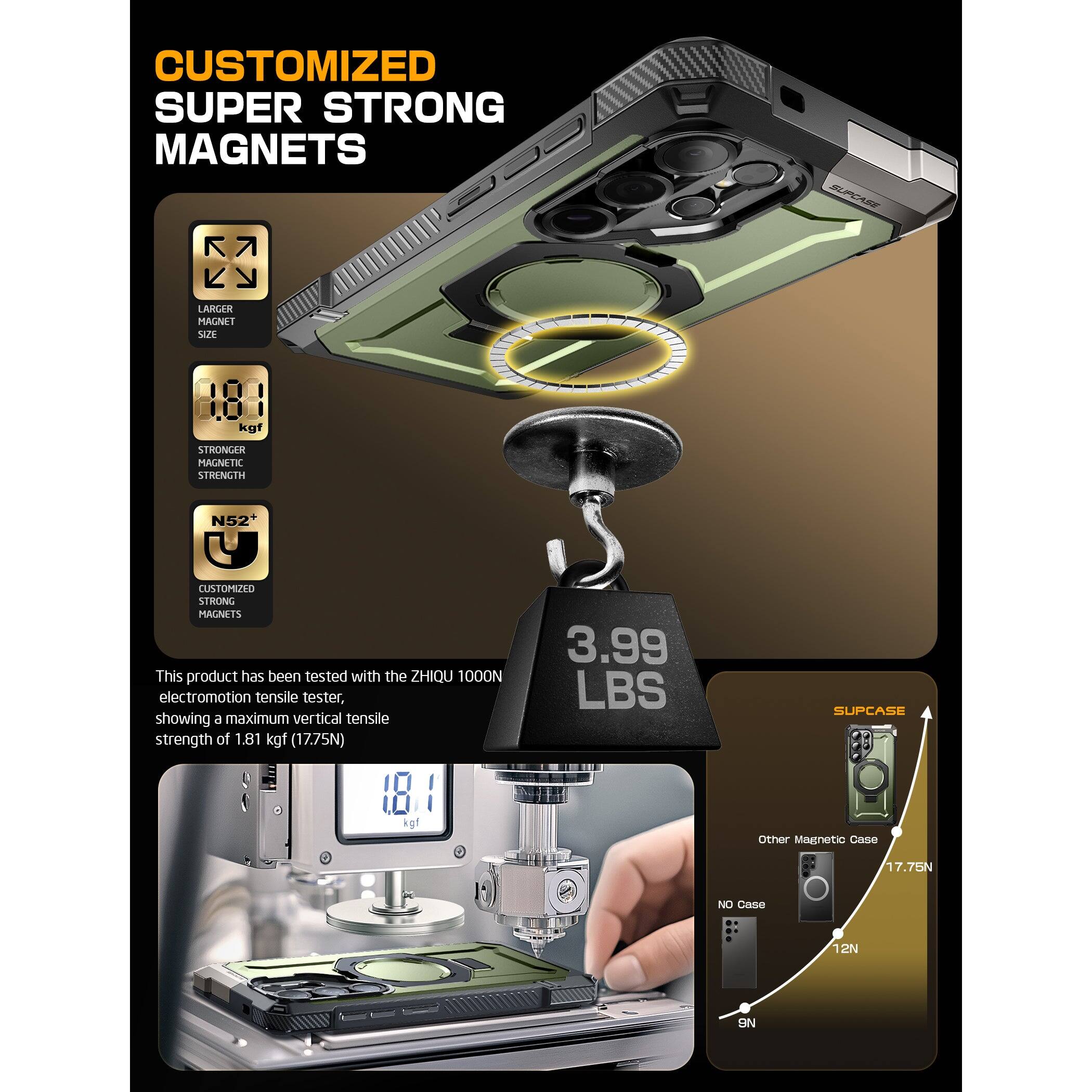 CUSTOMIZED SUPER STRONG MAGNETS

- LARGER MAGNET SIZE
- STRONGER MAGNET STRENGTH N52+
- CUSTOMIZED STRONG MAGNETS

This product has been tested with the ZHIQU 1000N electromotion tensile tester, showing a maximum vertical tensile strength of 1.81 kgf (17.75N)

3.99 LBS

SUPCASE

Other Magnetic Case 17.75N

NO Case 12N

9N