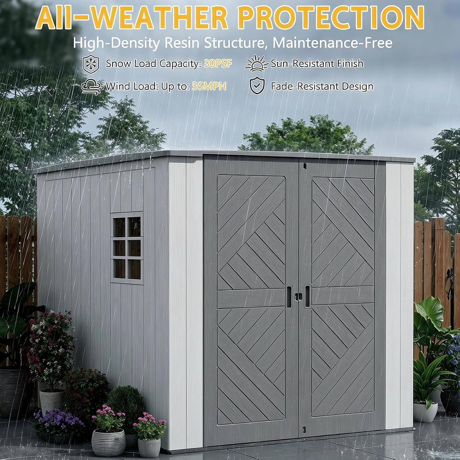 All-Weather Protection  
High-Density Resin Structure, Maintenance-Free  
Snow Load Capacity: 30PSF  
Sun-Resistant Finish  
Wind Load: Up to: 35MPH  
Fade-Resistant Design