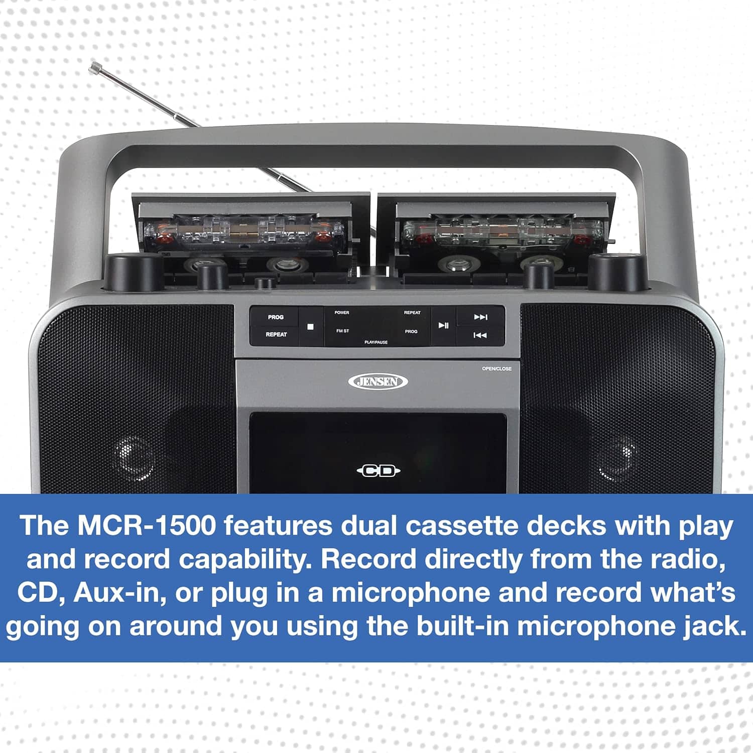 The MCR-1500 features dual cassette decks with play and record capability. Record directly from the radio, CD, Aux-in, or plug in a microphone and record what's going on around you using the built-in microphone jack.
