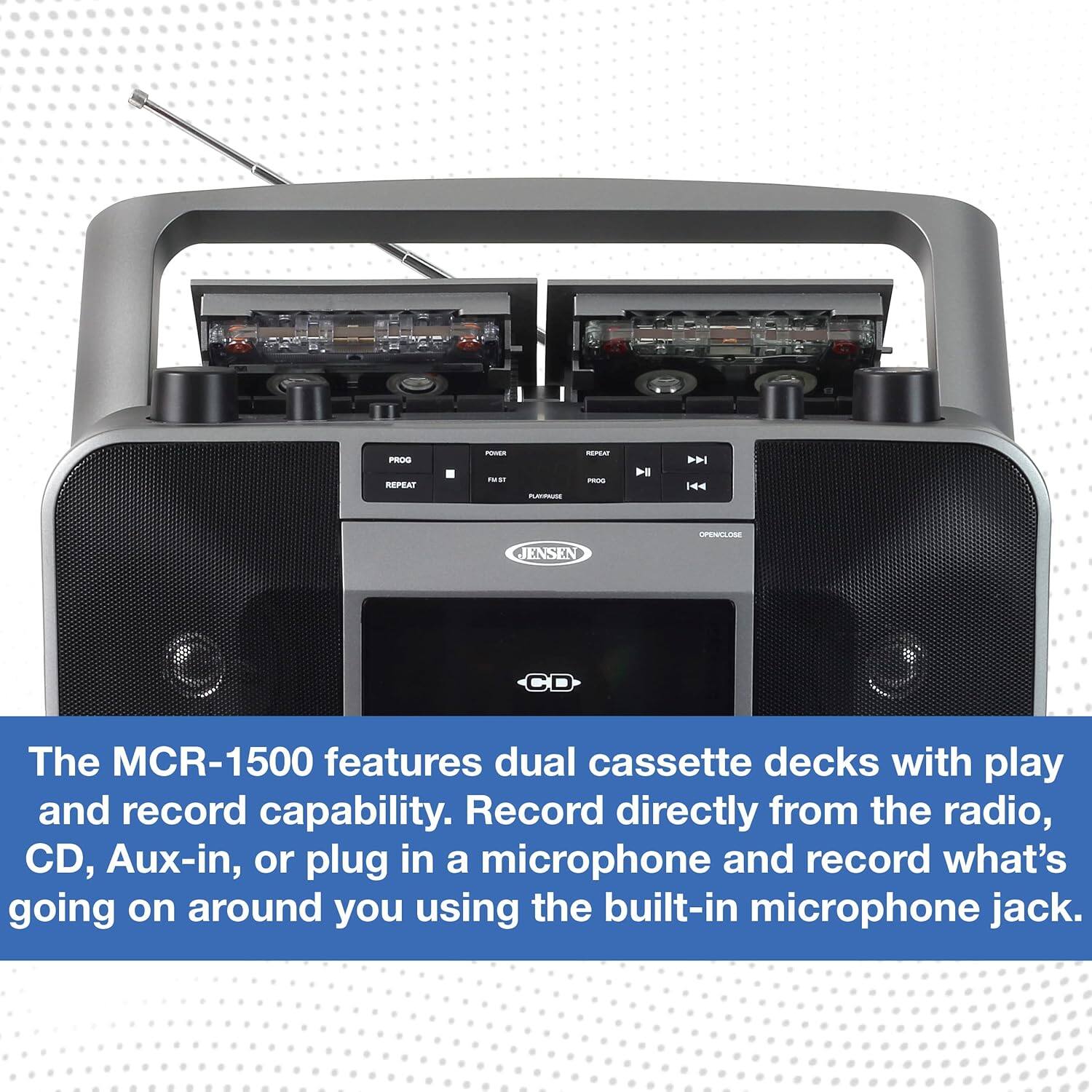 The MCR-1500 features dual cassette decks with play and record capability. Record directly from the radio, CD, Aux-in, or plug in a microphone and record what's going on around you using the built-in microphone jack.